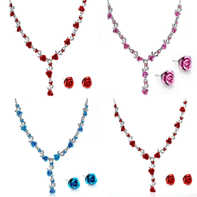 Cute Flower Bridal Jewelry Alloy Zircon Necklace and Earring Set for Wedding and Party