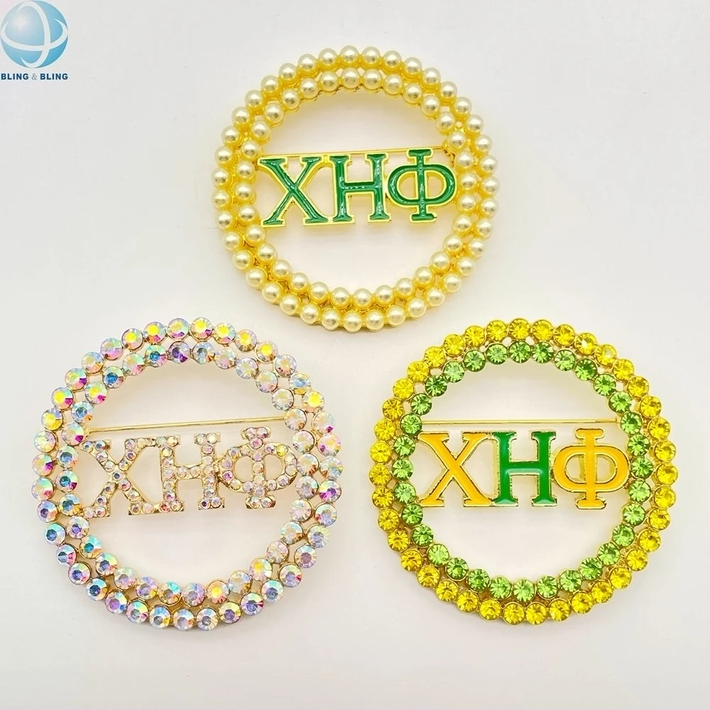 Round Design Green Rhinestone Pearls Chi Eta Phi Brooch Bling Yellow Enamel 1932 XHO Greek Letter Sorority Pins