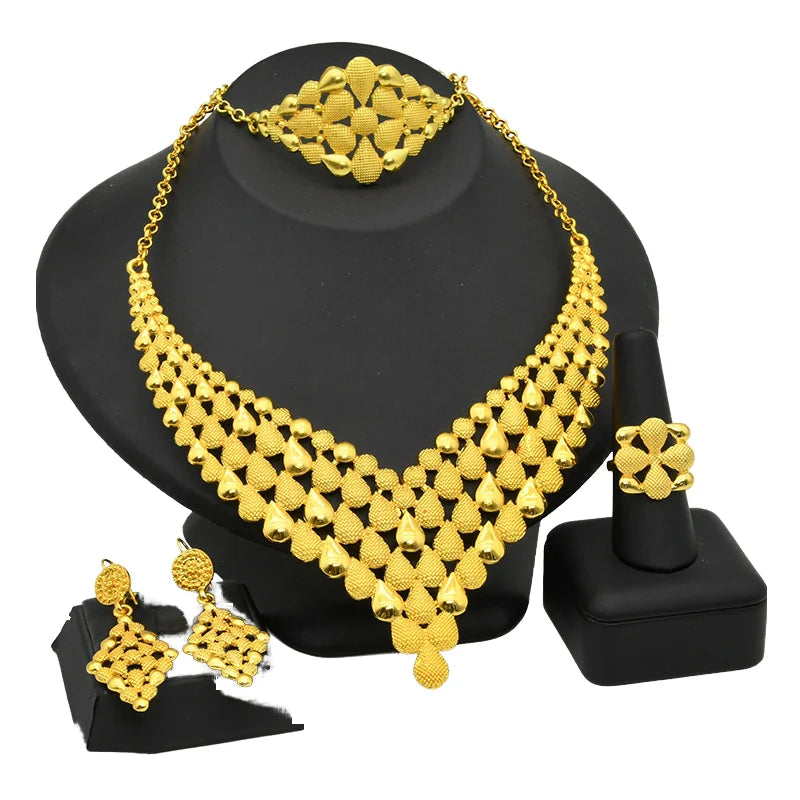 24K Gold Plated Alloy 4-Piece Women's Jewelry Set Bridal Wedding Anniversary Gift