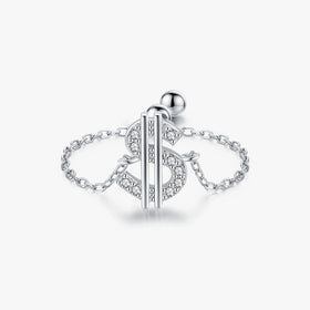 925 Sterling Silver Original Punk Fine Jewelry Link Chain Adjustable Ring Rich Money $ Symbol Sparkling CZ Rings for Women