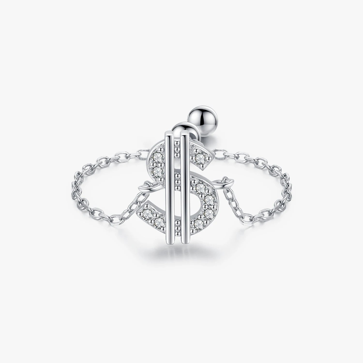925 Sterling Silver Original Punk Fine Jewelry Link Chain Adjustable Ring Rich Money $ Symbol Sparkling CZ Rings for Women