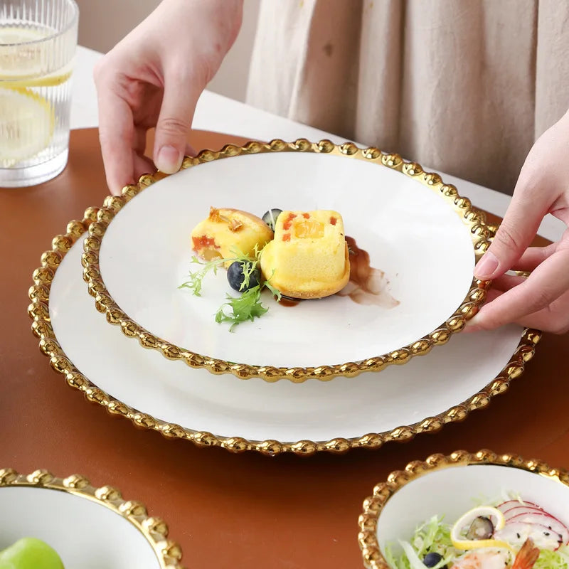 8inch White Simple Round Dinner Plate Gold Pearl Trim Ceramic Flat Round Plate Wholesale Porcelain Cake Dinnerware