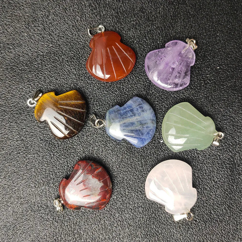 Natural Stone Carved Shell Shape Pendant Crystal Tiger Eye Agate Amethyst Necklace Accessory