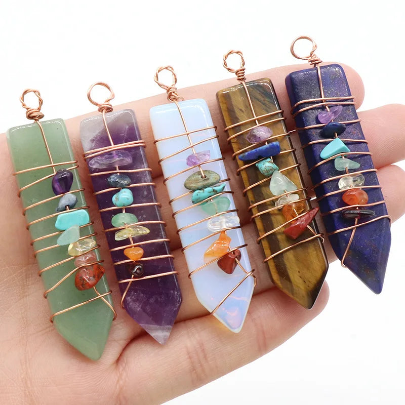 Natural 7 Chakra Healing Gravel Copper  Wrap Wire Arrow Crystals Column Pendant for Jewelry Making Necklace Gemstone Gifts