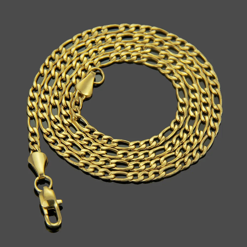 New European American Men's Fashion Slender Stainless Steel Necklace Gold Figaro Three Short One Long Hip-hop Style Jewellery
