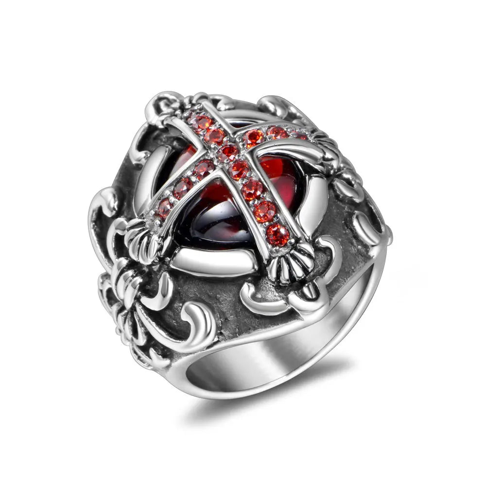 Vintage Dominant Ruby Diamond Titanium Steel Princess Crown Zircon Cross Ring for Men