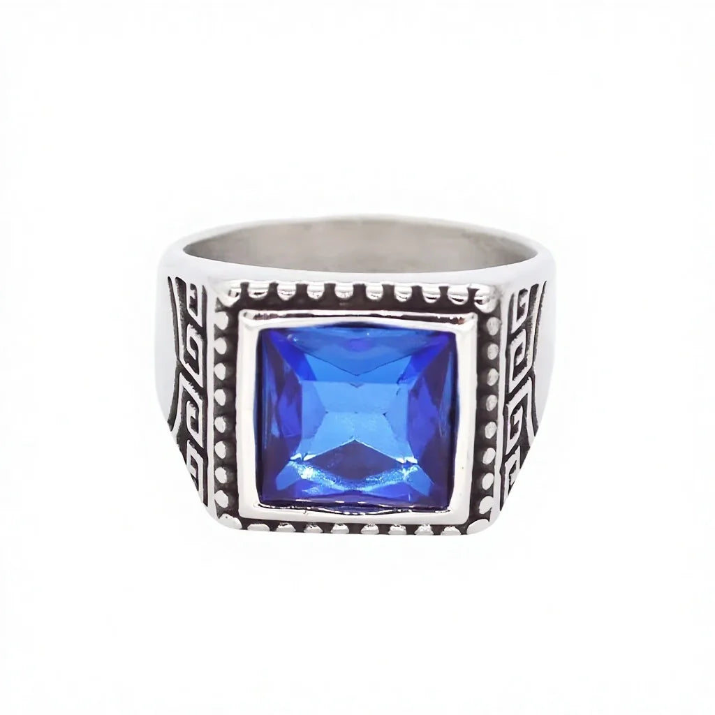 Antique Silver Plated Men's Fashion Ring with Blue Crystal & Sapphire Stone Made From Stainless Steel & Sterling Silver