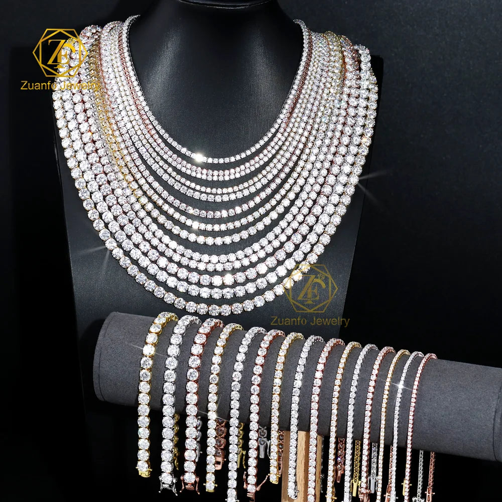 Luxury Silver 10K 14K Gold Iced Out Diamond Tennis Chain Men Women 2mm 3mm 4mm 5mm Bracelet GRA Certificate Moissanite Necklace