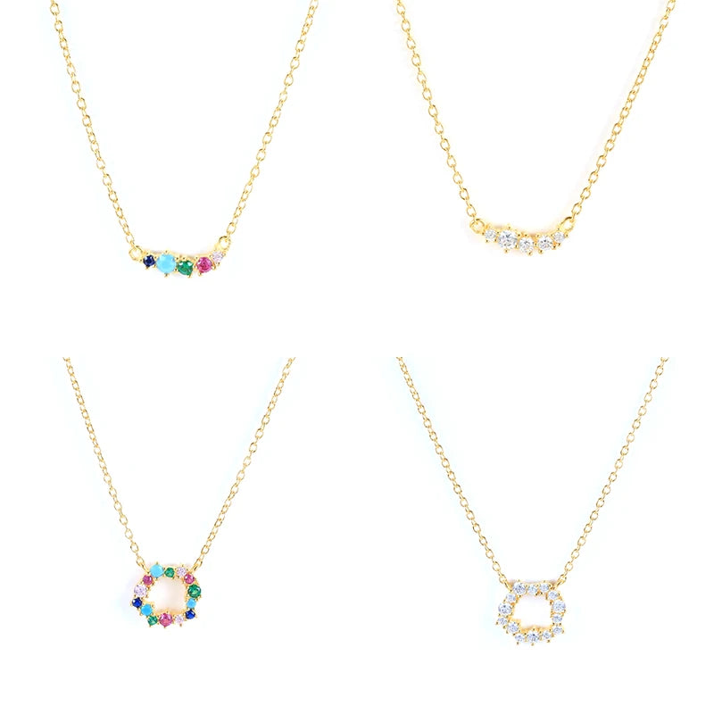 925 Sterling Silver Necklace White Colorful rainbow Circle Diamond Stick Shaped Zircon Gold Plated Necklaces Women