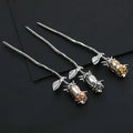 Chinese Ancient Style Romantic Rose Flower Decor Chopstick Hair Stick for Women Vintage Hanfu Green Leaves Crystal Charm Hairpin