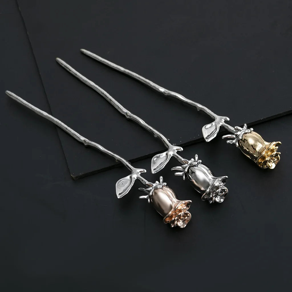 Chinese Ancient Style Romantic Rose Flower Decor Chopstick Hair Stick for Women Vintage Hanfu Green Leaves Crystal Charm Hairpin