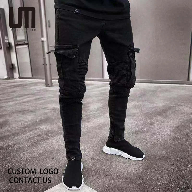 Liu Ming Clearance Sales New Year Men Slim Stretchy Black Pants Biker Ripped Long Denim Trousers Skinny Jeans
