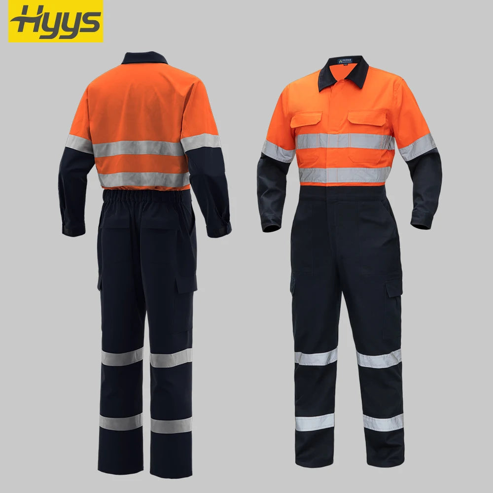 Hi Vis Fluorescent Orange Men's Workcoveralls Factory-Supply Reflective Safety Workscrubs Uniforms Cotton Overall Workwear