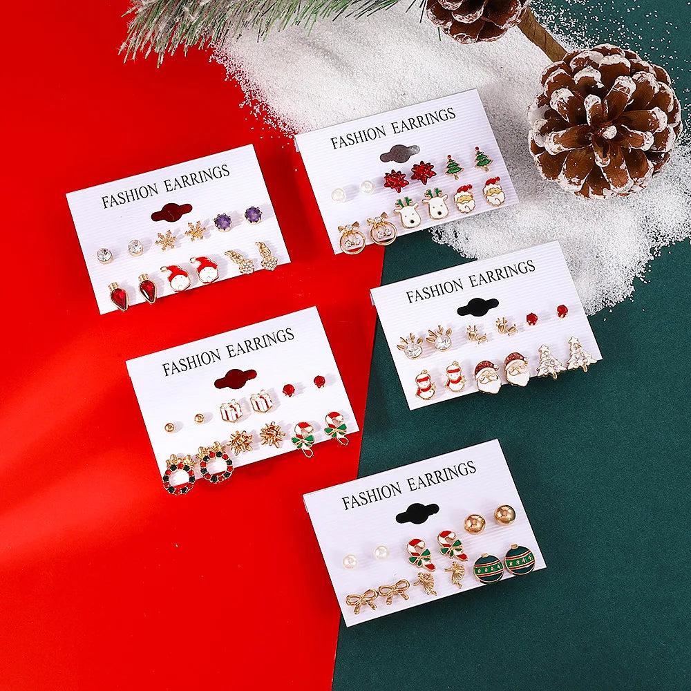 6PCS Christmas Earrings Set Cartoon Drop Oil Christmas Tree Santa Claus Earrings for Women Fashion Jewelry Earrings