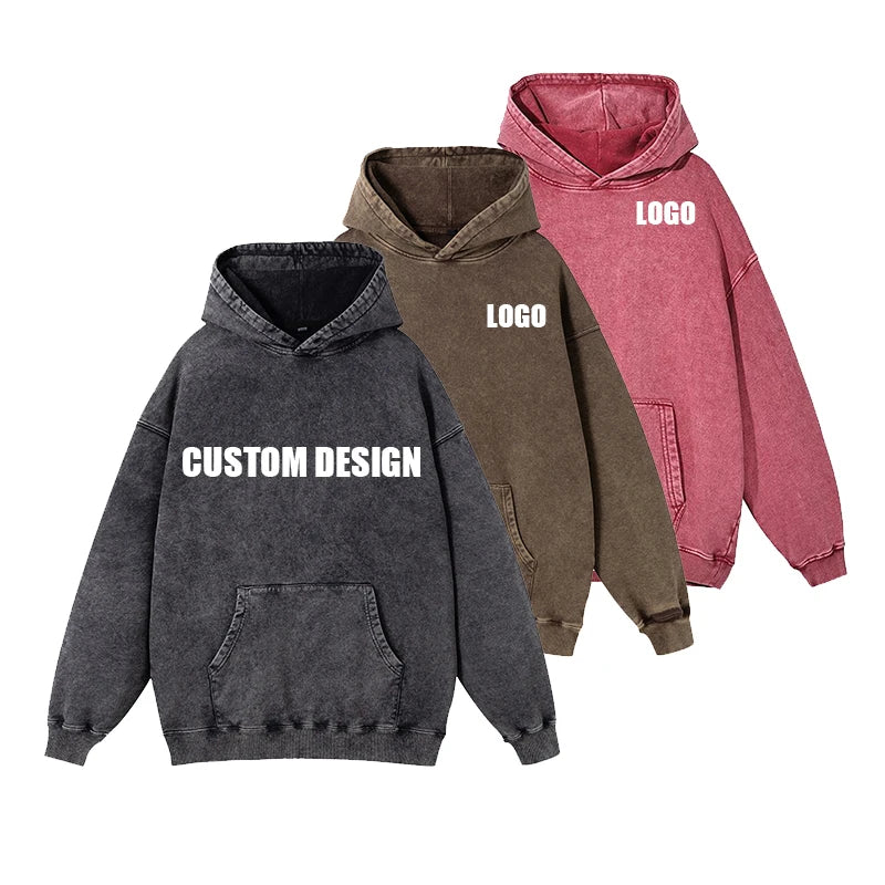 Custom Logo 3D Embroidery Waterproof Terry Heavyweight Printing Cotton Oversize Vintage Distressed Acid Wash Hoodie Winter