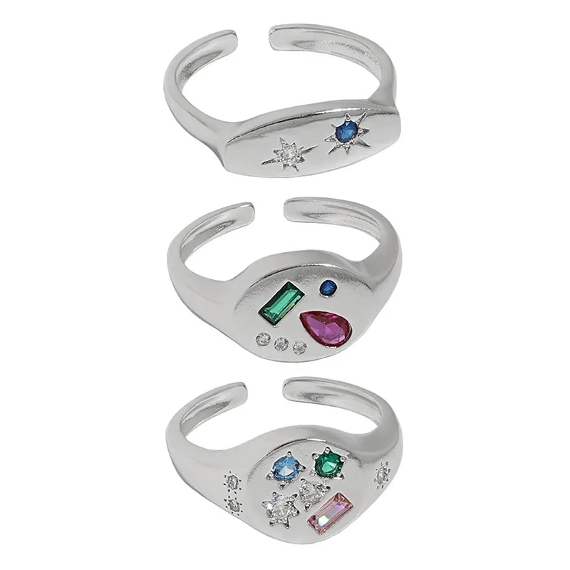 Silver 925 Gold Plated Micro Pave Multi Color Zircon Stone Geometric Women's Finger Band Rings