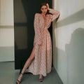 Spring Summer Deep V Neck Elastic Waist High Slit Long Sleeve Floral Maxi Dress Women