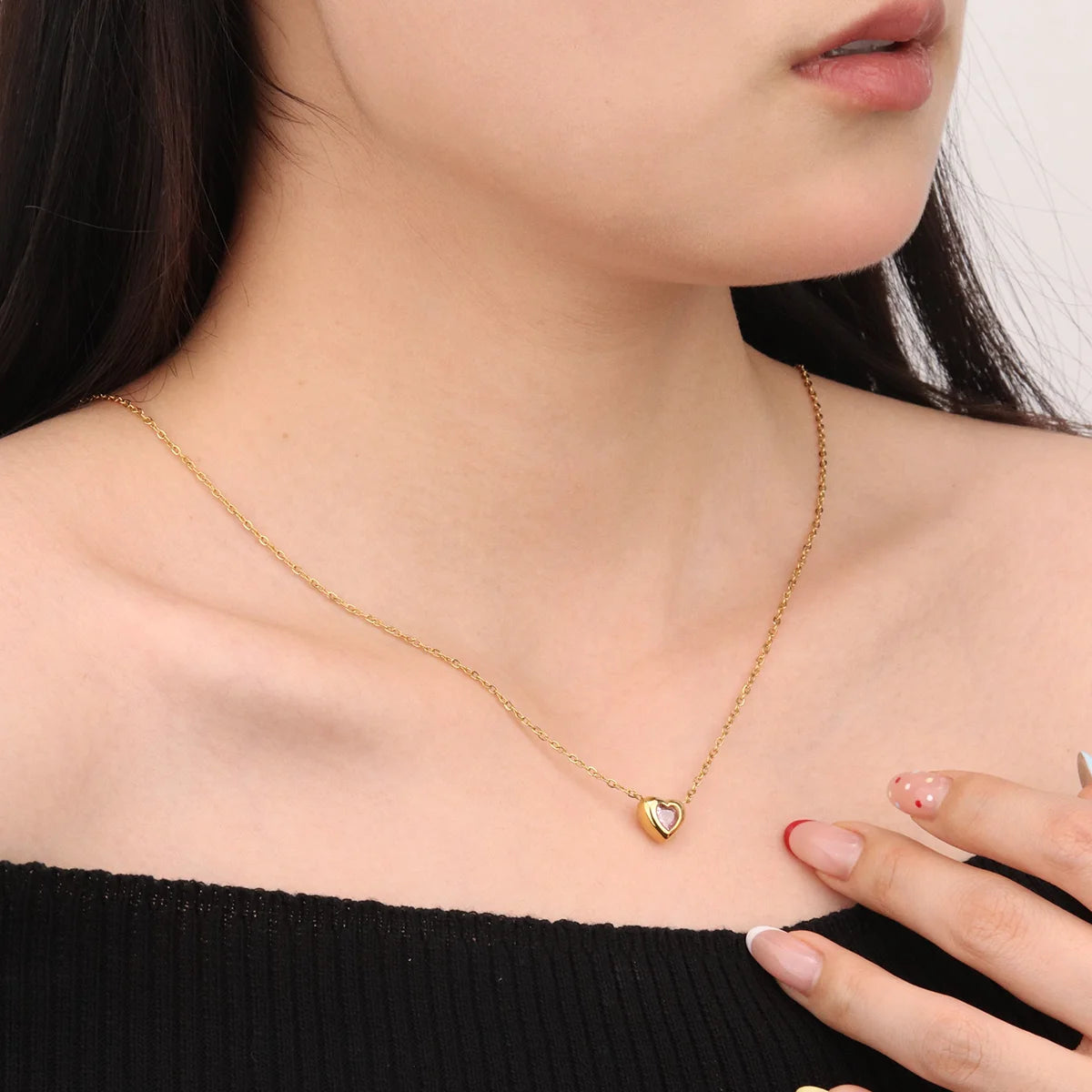 Chris April Minimalist 316L Stainless Steel PVD Gold Plated Heart Shape Pendant pink Zirconia Necklace