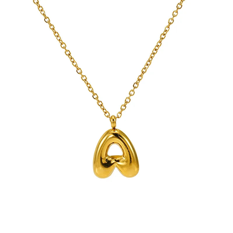 Stainless Steel 18K Gold Plated Link Chain Bubble Alphabet Letter Pendant Necklace Unisex Personalized A-Z