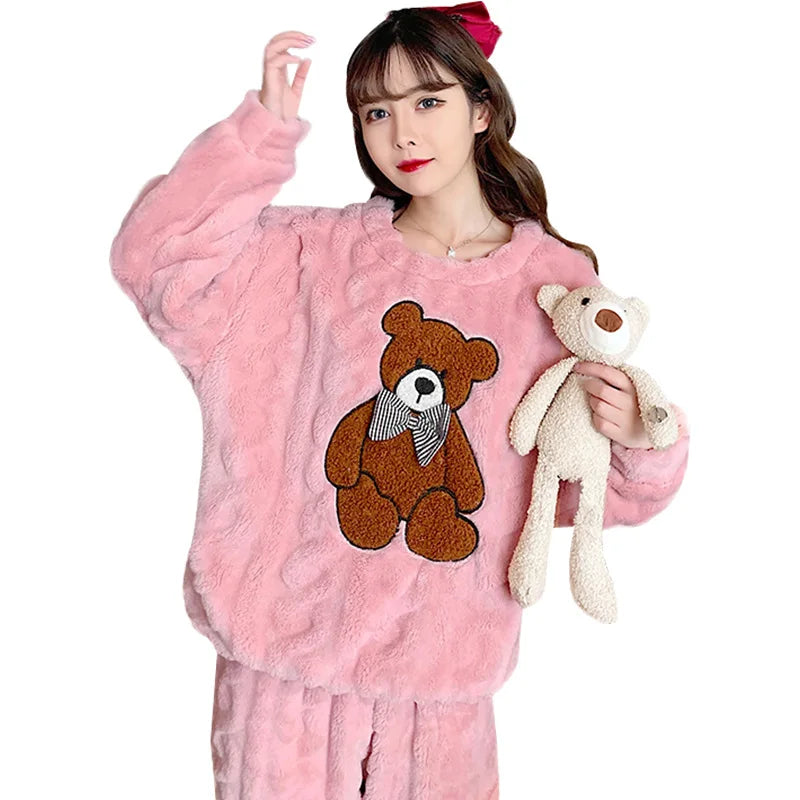 New Design Long Sleeve Flannel Winter Women's Sleepwear Thicken Pajamas Sets Home Clothes