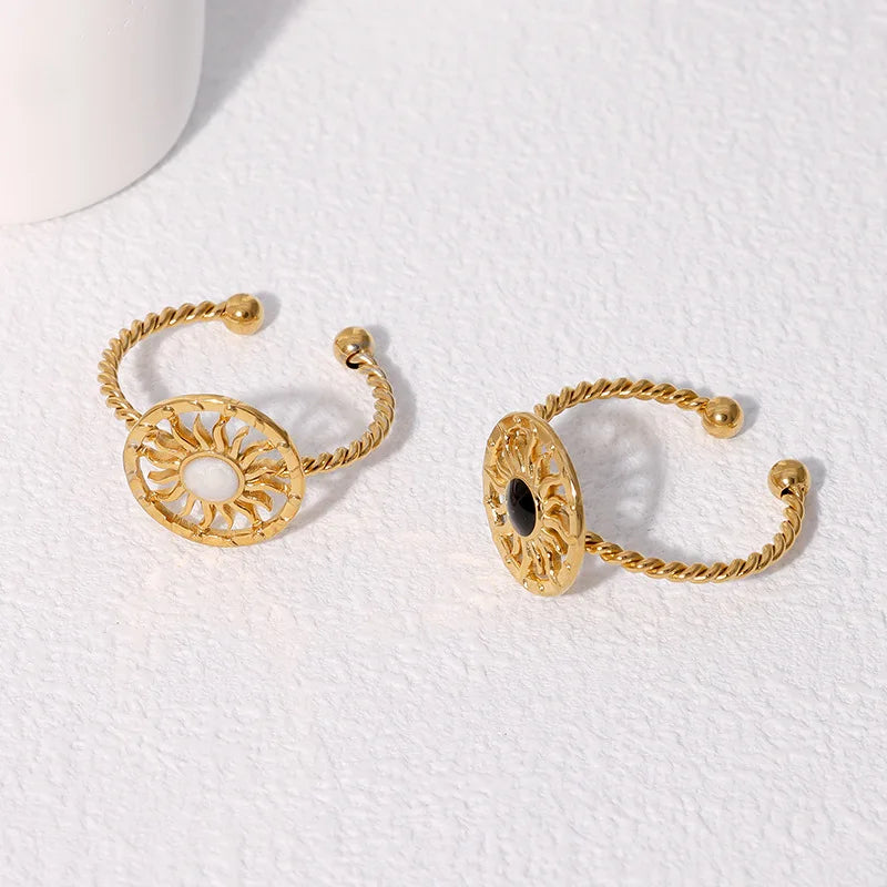 Fashion Trendy Stainless Steel Gold 18k Plated Open Cuff Sun Burning Charm Finger Ring Women