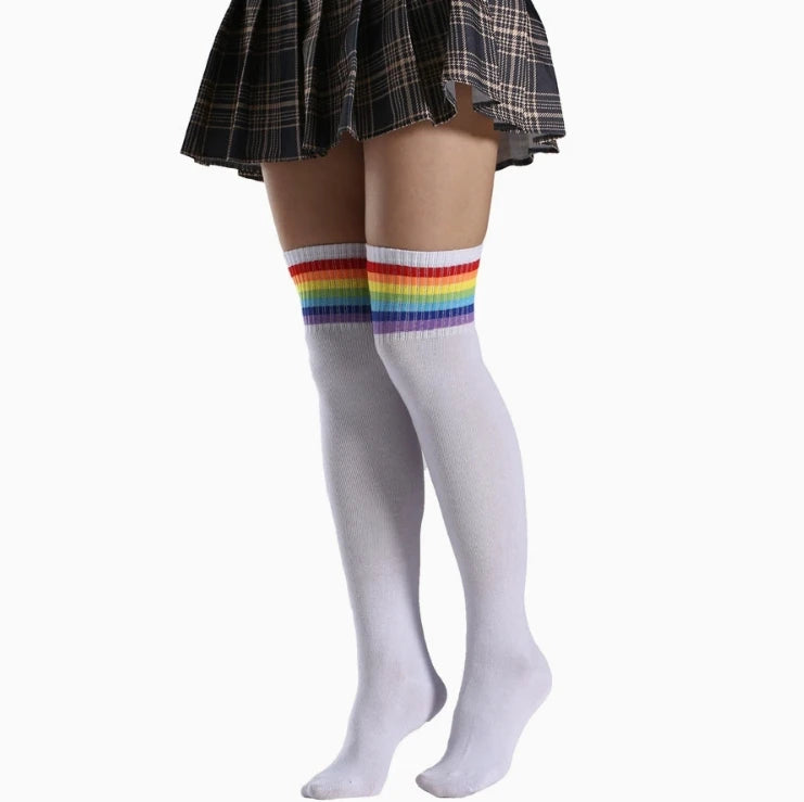Factory Wholesales New Classic Women's rainbow Stripes Over Knee Thigh High Long Socks for Spring Bars Socks