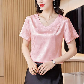 M-4XL Women's Summer Fashion Satin Blouse Elegant Youthful V-Neck Loose Casual Silk Top Vintage Style Blusas for Spring 3308#