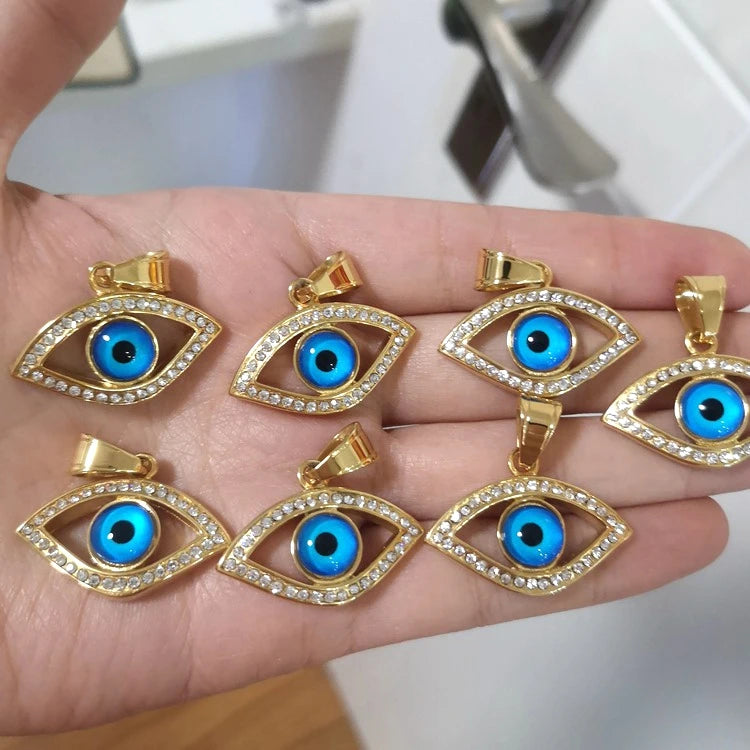 Fashion Lady Party Golden Blue Eye Shaped Stainless Steel Necklace Hot Selling Pendant Turkey Eyes Necklace