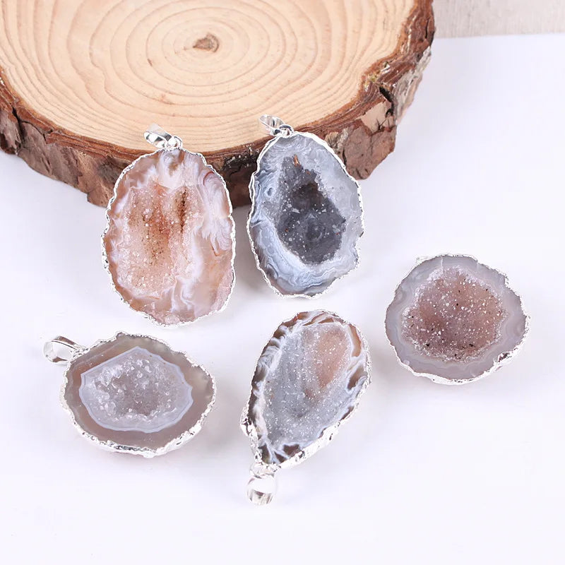 Natural Stone Pendant for Jewelry Making Necklace Charms Irregular Plated Edge Geode Crystal Pendant