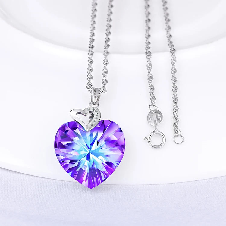 Romantic Women's 925 Sterling Silver Crystal Love Heart Pendant Necklace with Water-wave Chain and Rose Gold Plating 4g