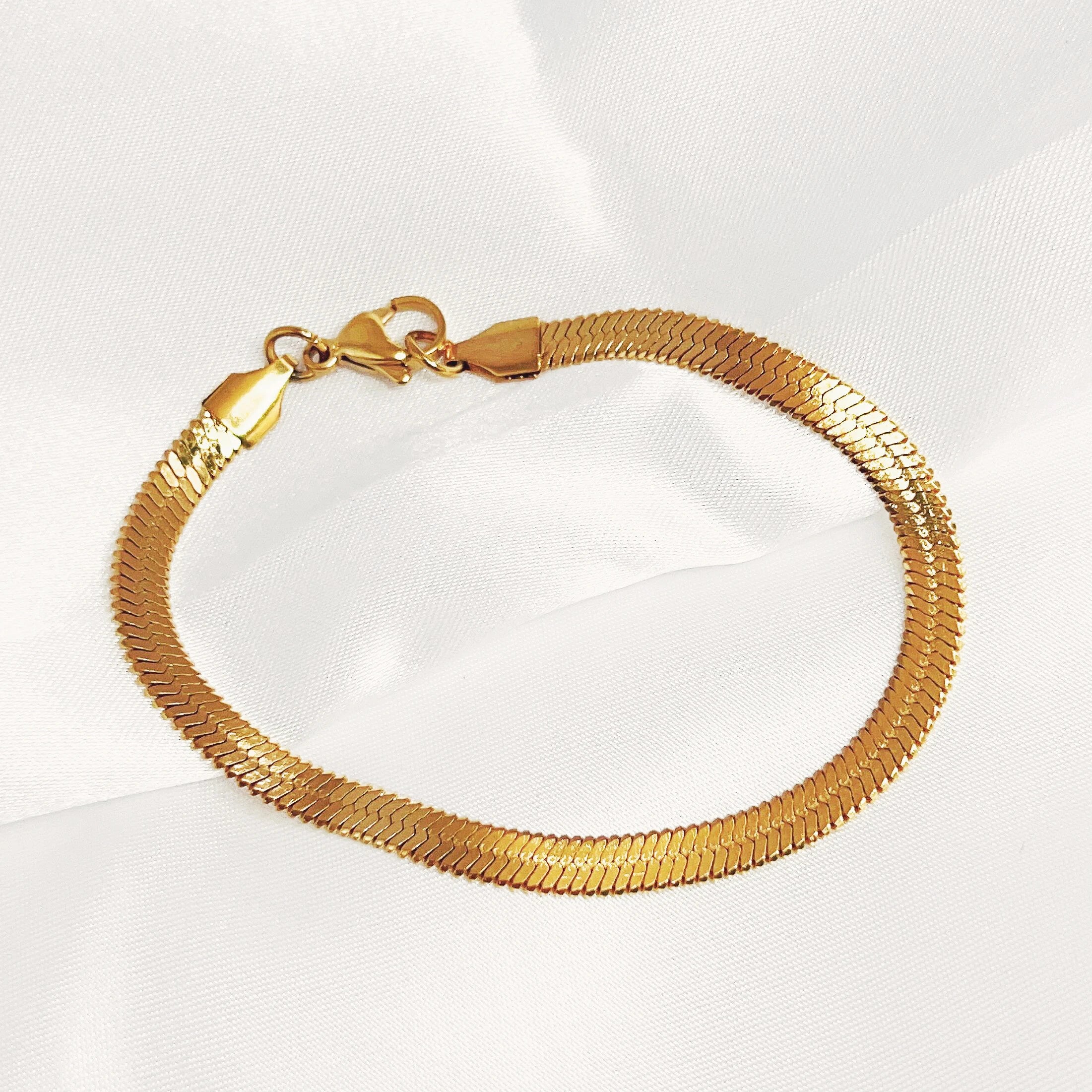 18k Gold Plated Flat Snake Herringbone Bracelets for Women Men Dainty Twisted Rope Chain Bracelets Cuban Link Curb Chain Jewelry