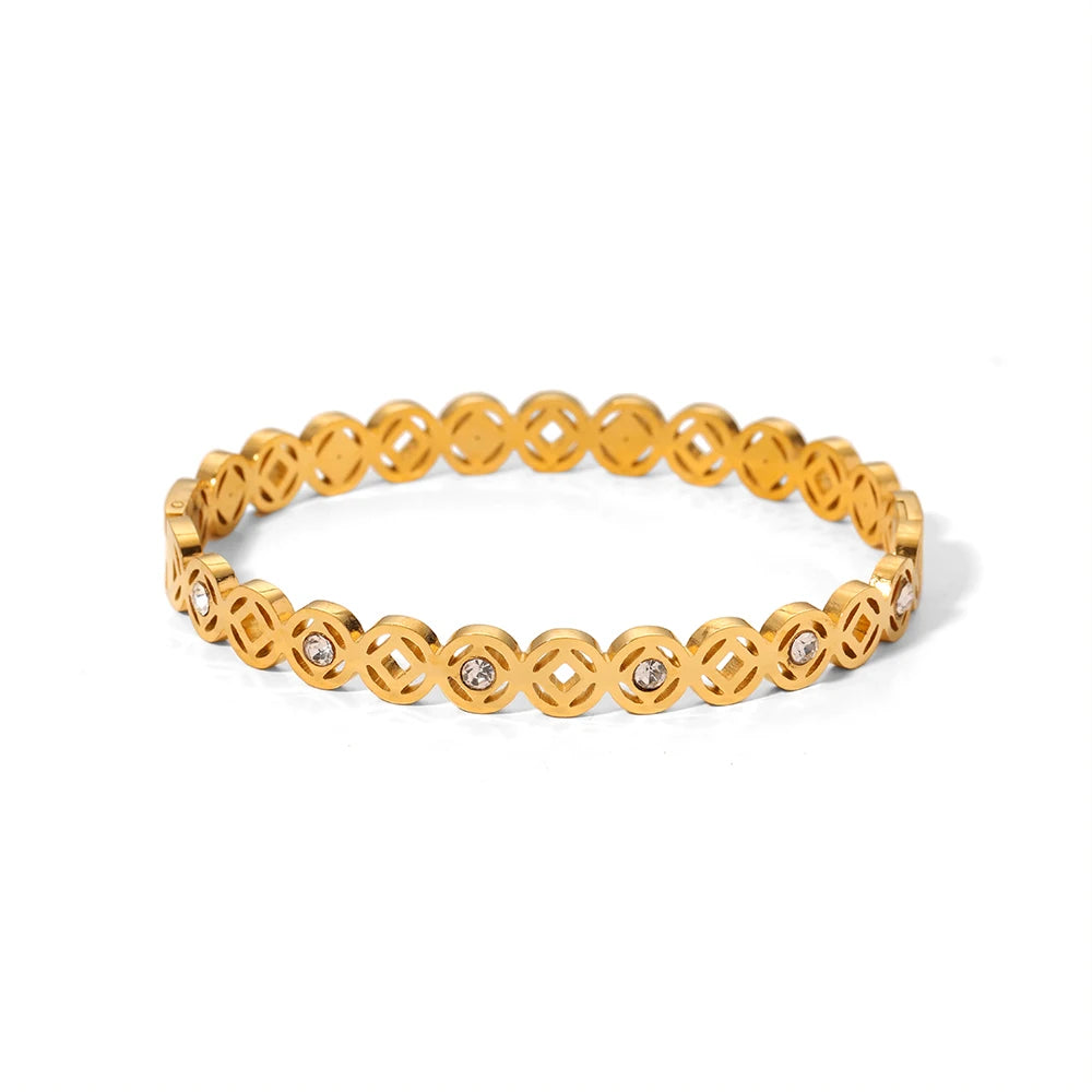 Creative Stainless Steel 18K Retro Round Crystal Cubic Zircon Wide Band Women Bangle Bracelets