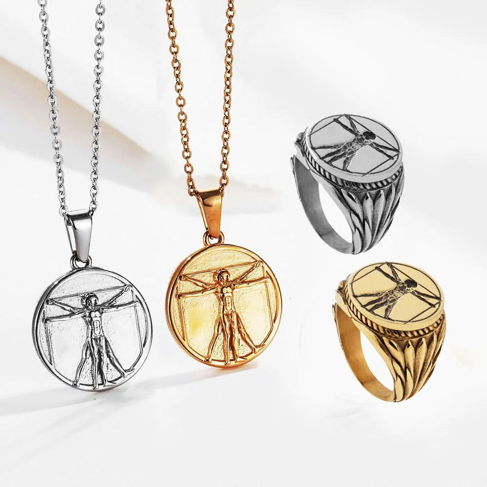 Vintage Vitruvian Men Signet Statement Ring 18k Gold Da Vinci Vitruvian Man Pendant Chain Mens Humankind Necklace Jewelry Gift