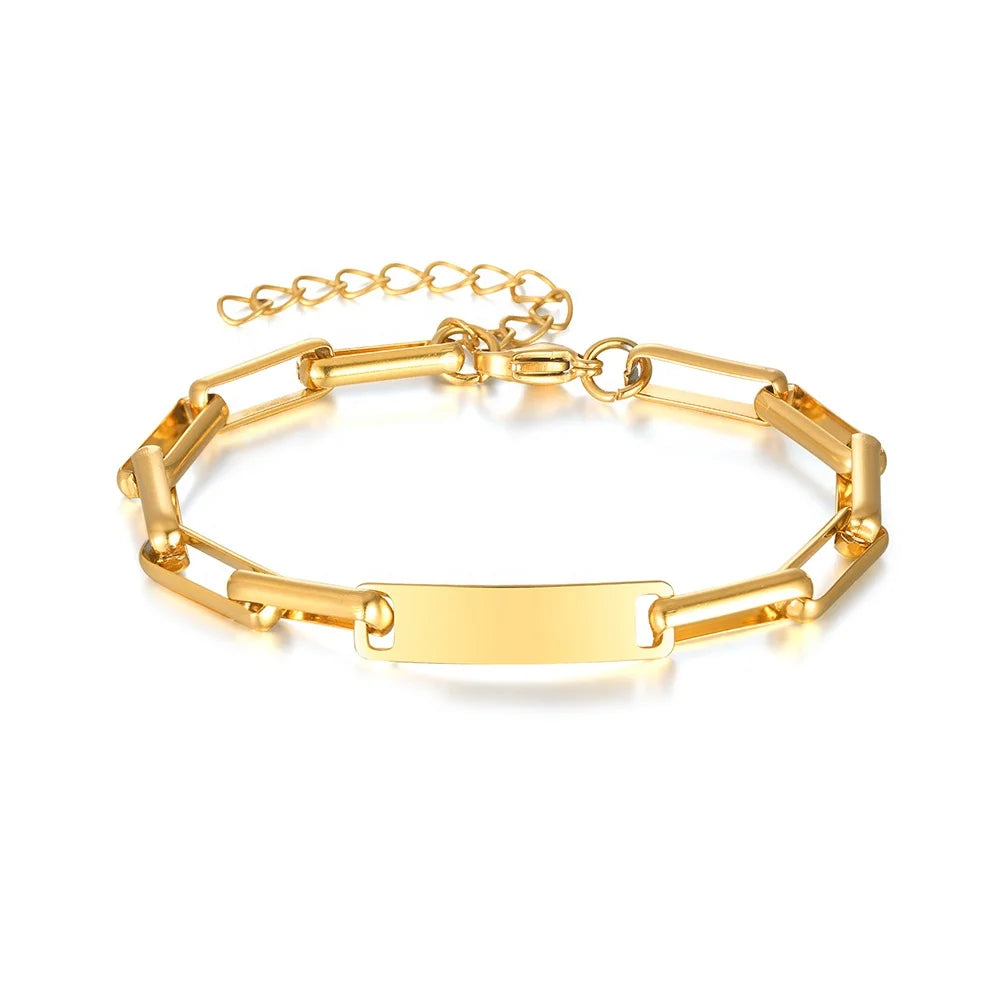 Alin Competitive Price ID Chain 14K Gold Plated Stainless Steel Bracelet Jewelry for Women Gift