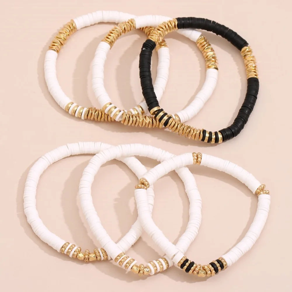 6pcs Pack Fashion Trendy Bohemian Soft Polymer Clay Beads Beaded Elastic Inspire Stackable Metal Beads Charm Bracelet Jewellery