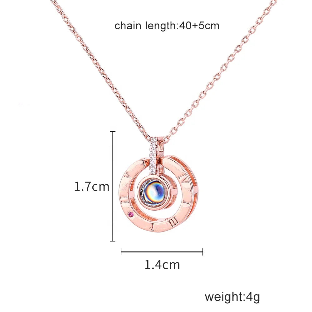 2020 Fashion Valentines Day Gift 100 Languages Love Memory I Love You Projection Silver Rose Gold Women Necklace Jewelry
