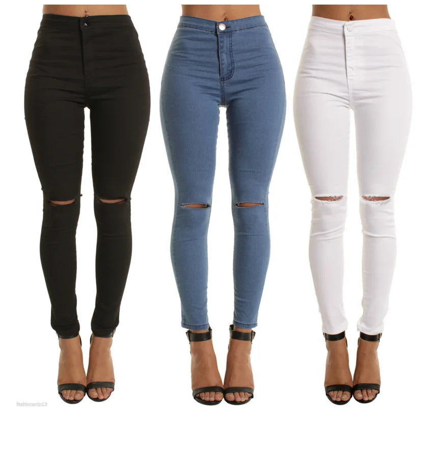 Ohsisa Hot Sale Women's Casual Skinny Pencil Pants Breathable Stretch Jeans Thin Knee Holes Waist Logo Small Size Perfect Fit