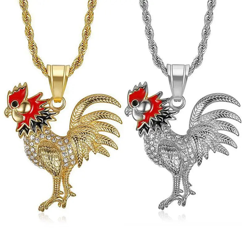 2023 Hiphop Jewelry Stainless Steel Crystal Rooster Pendant Necklace Men