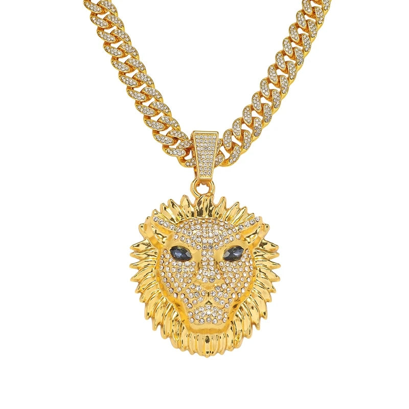 Hip Hop Iced Crystal Lion King Pendant Necklace Black Eye Gold Plated Zinc Alloy Trendy Mens Fashion Link Chain for Parties