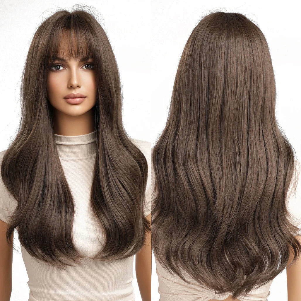 Factory Wholesale Price Black Brown Long Natural Curly with Bangs Wig Natural Glossy SoftRegular Wave Synthetic Rose Net Wig