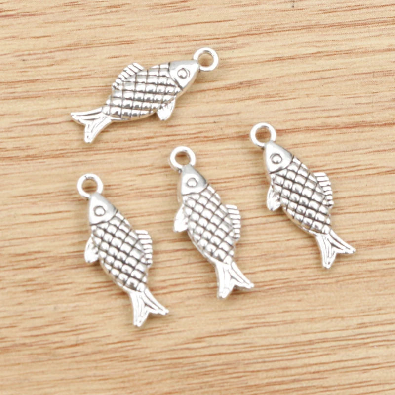 12pcs/lot 20x8mm Charms Antique Silver Plated Double Sided Fish Charms Pendant for DIY Necklace Bracelet Jewelry Making