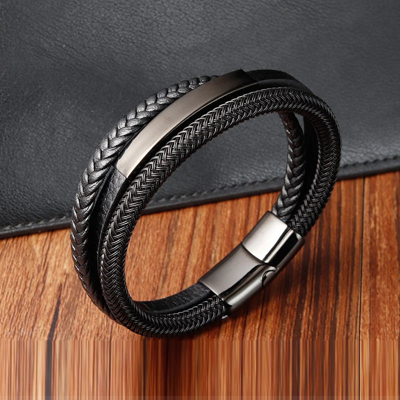 Hot Sale Braided Woven Leather Bracelet PVD Black Stainless Steel Magnetic Clasp Real Leather Bracelet Wristband for Men
