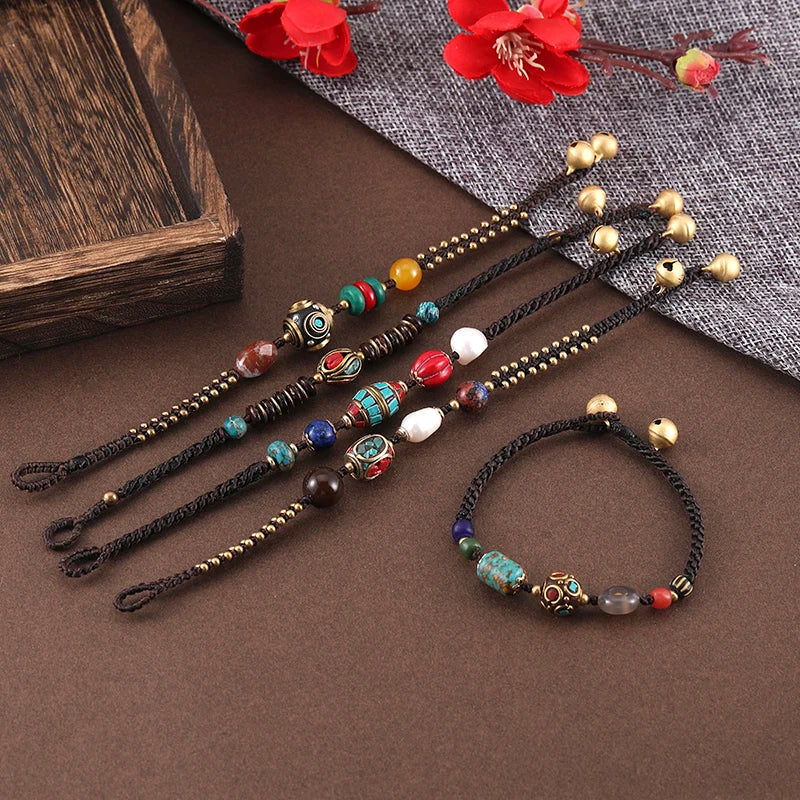 INS Ethnic Bohemia Style Handmade Vintage Gemstone Beaded Braided Bracelet Adjustable Tibetan Lucky Charm from Nepal Brass
