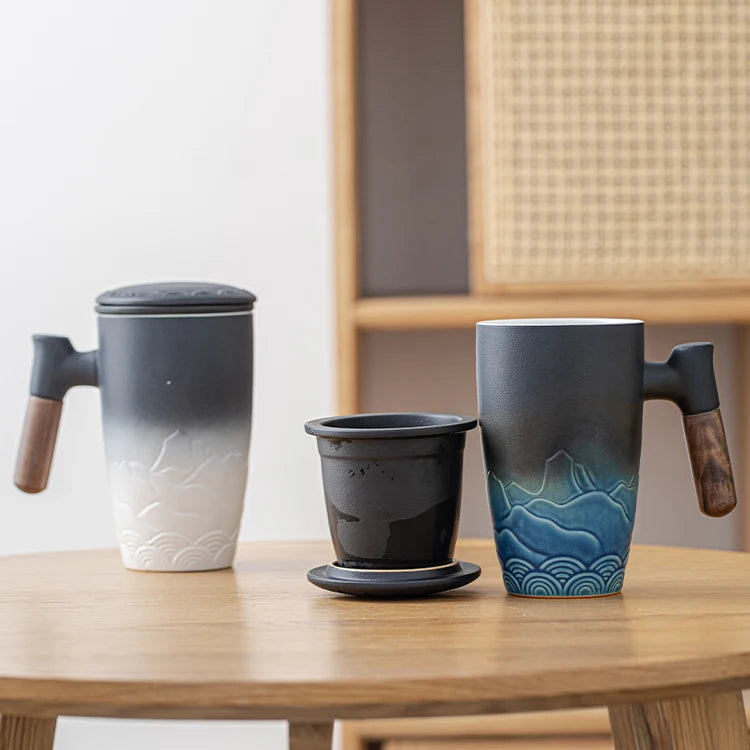 Handmade Wooden Handle Ceramic Tea Mug With Strainer Ceramic Teacup Set Porcelain Tea Mug