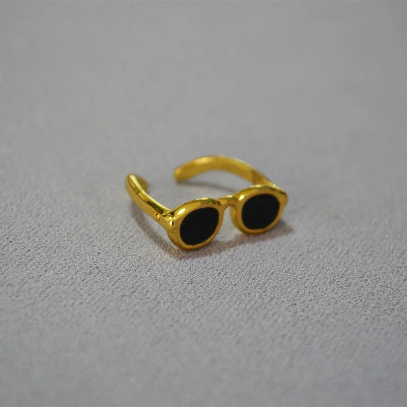 Creative Cool Sunglasses Shaped Rings Adjustable Opening Gold Plated Copper Rings for Ladies