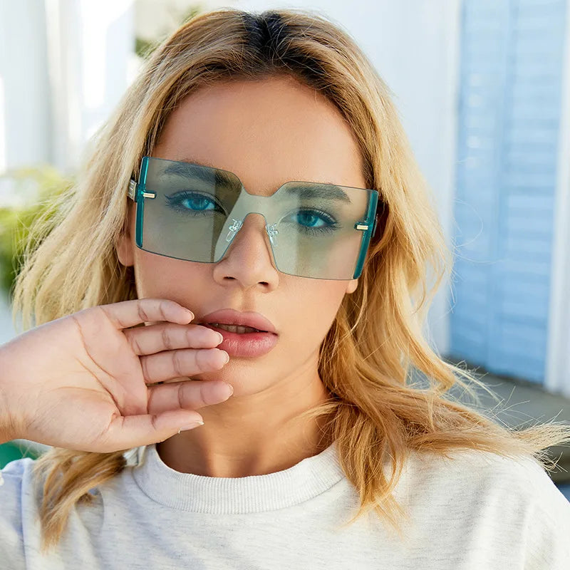Big Size Fashion Shield Large UV400 Protection Rimless Shades Square Oversized Sunglasses for Women Men