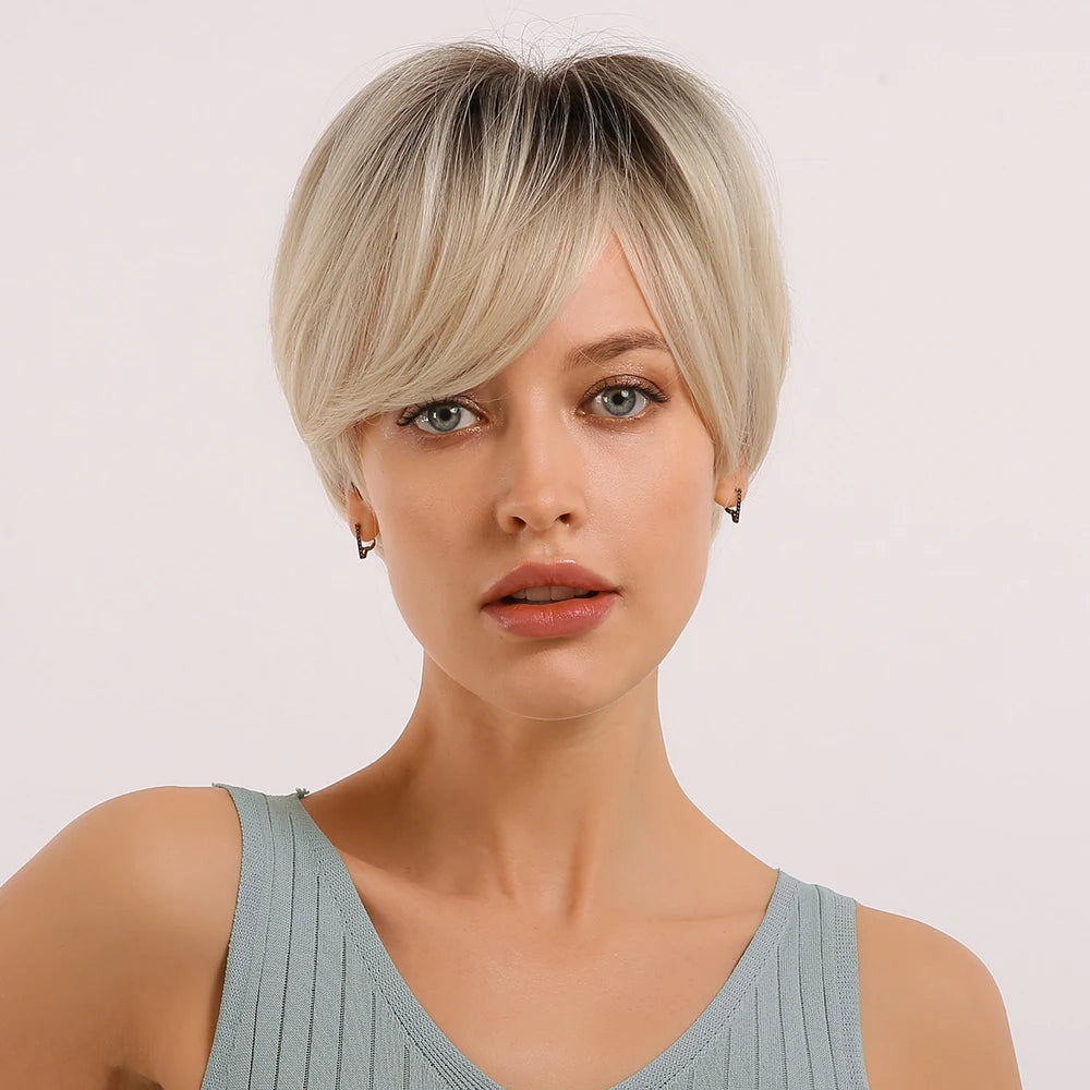 Fast Delivery Synthetic Wigs for Women Straight Short Hair Wig with Real Top Scalp Pixie Cut Dark Brown Daily Wigs