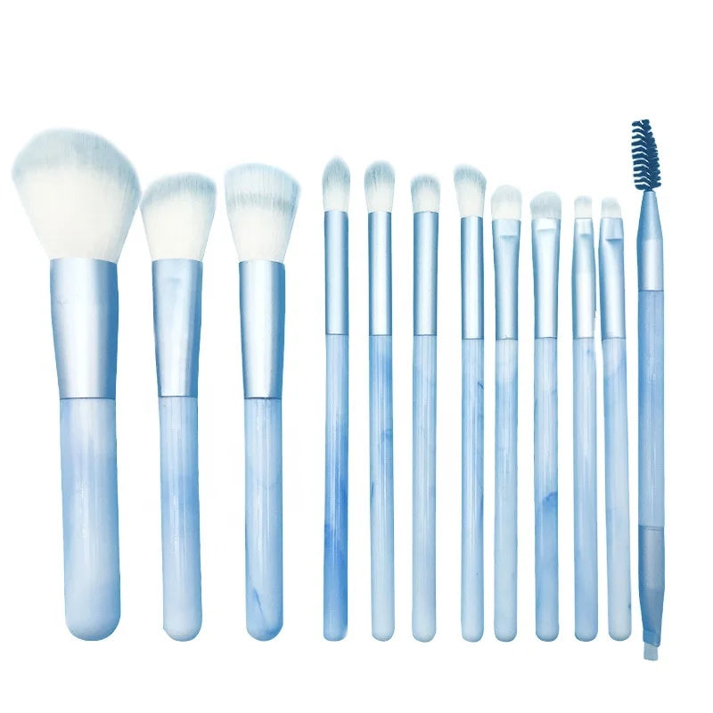 Hot Sale 12 Pcs Marble Makeup Brush Set Custom Logo Synthetic Hair Sky Blue Handle Makeup Brushes