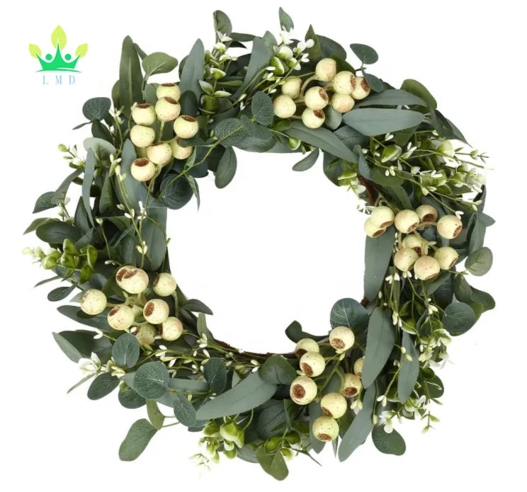 Artificial Eucalyptus Leaves Wreath With Big Berries  Greenery Wreath for Front Door Wall Window Decor