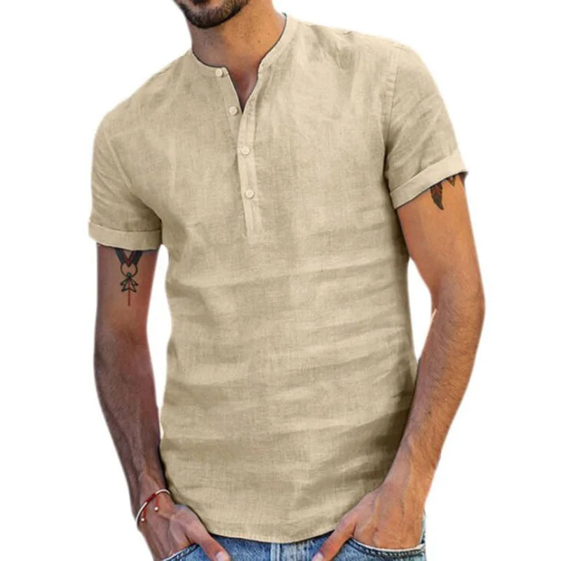 Summer Cool and Breathable Linen Mens Shirt Casual Short Sleeve Stand Collar Source Factory Men's Shirt